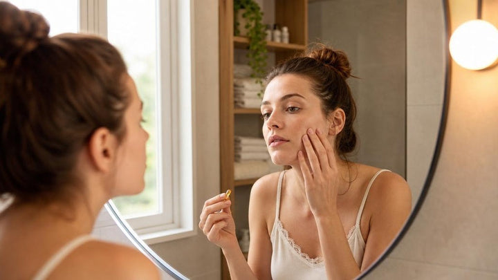 Women checking her dry skin after washing face