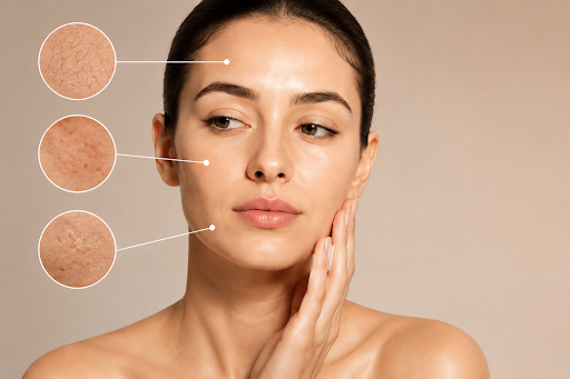 Woman highlighting dry and dehydrated skin concerns